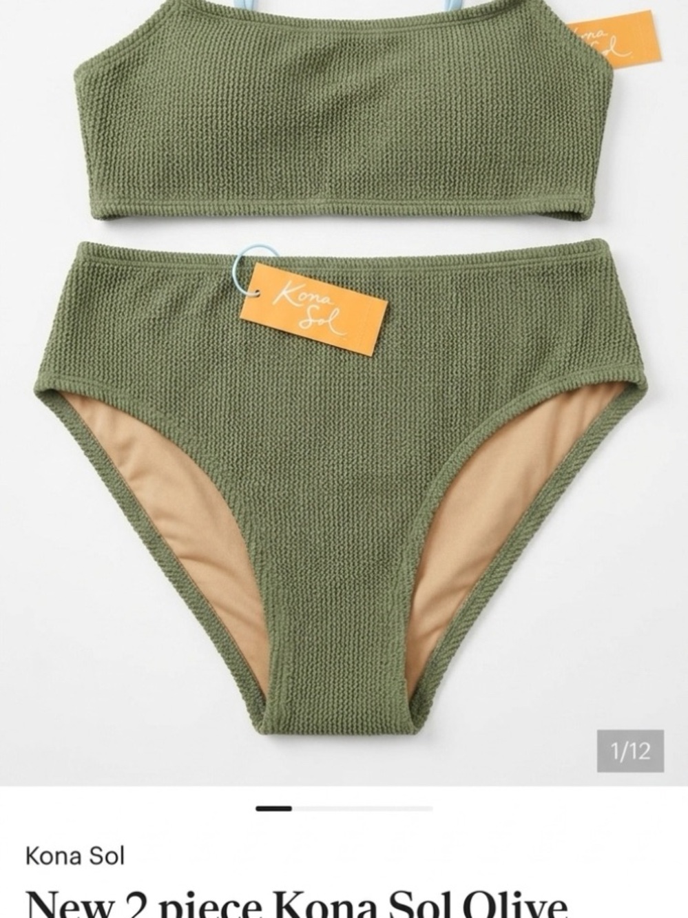 New 2 piece Kona Sol Olive Textured Swimwear Lg